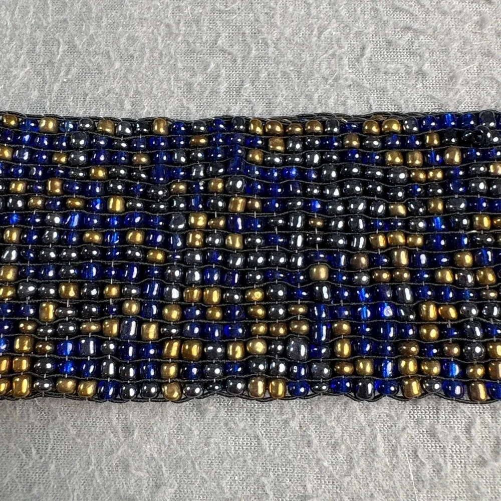 Handmade Indonesian Beaded Belt Navy Blue Gold Wood Buckle Boho Wide 29.5in